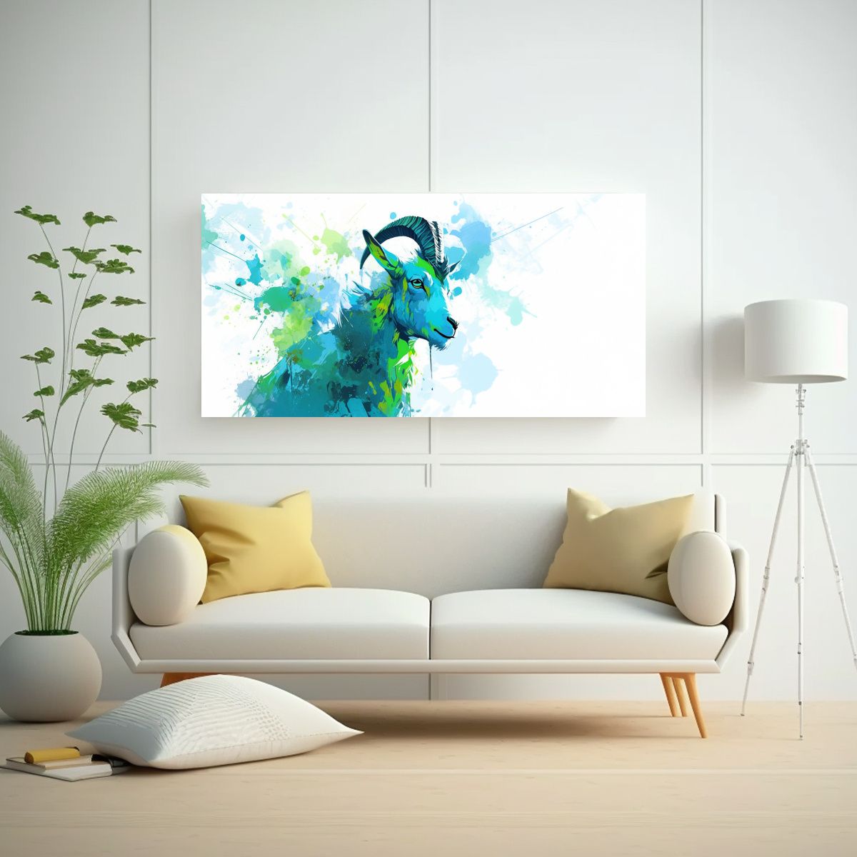 GENERICO - Cuadro Horizontal Para Sala Cabra En Verde Y Azul 120x60 Cm