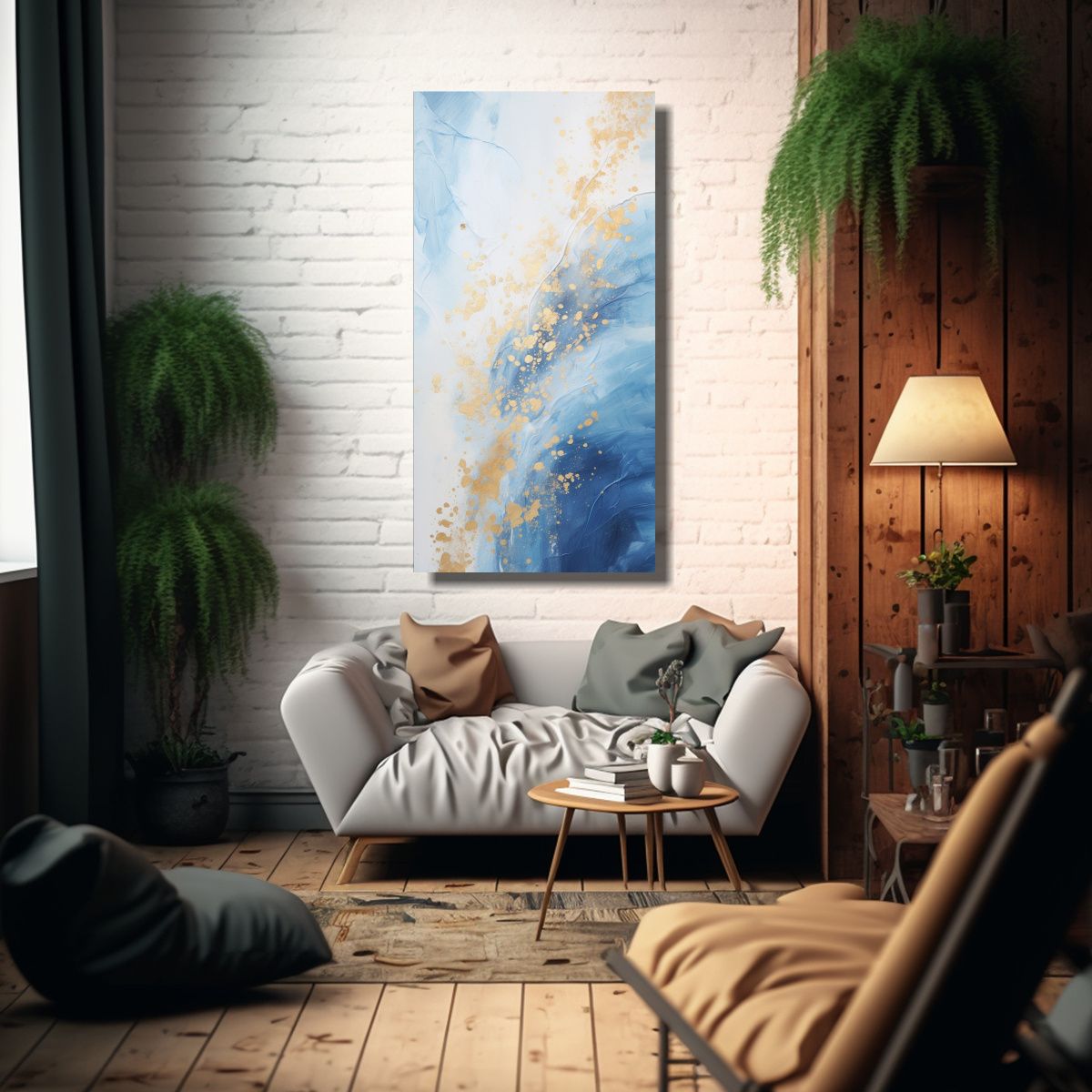 GENERICO - Pintura Abstracta Estilo Azul Blanco Decoración 70x140 Cm