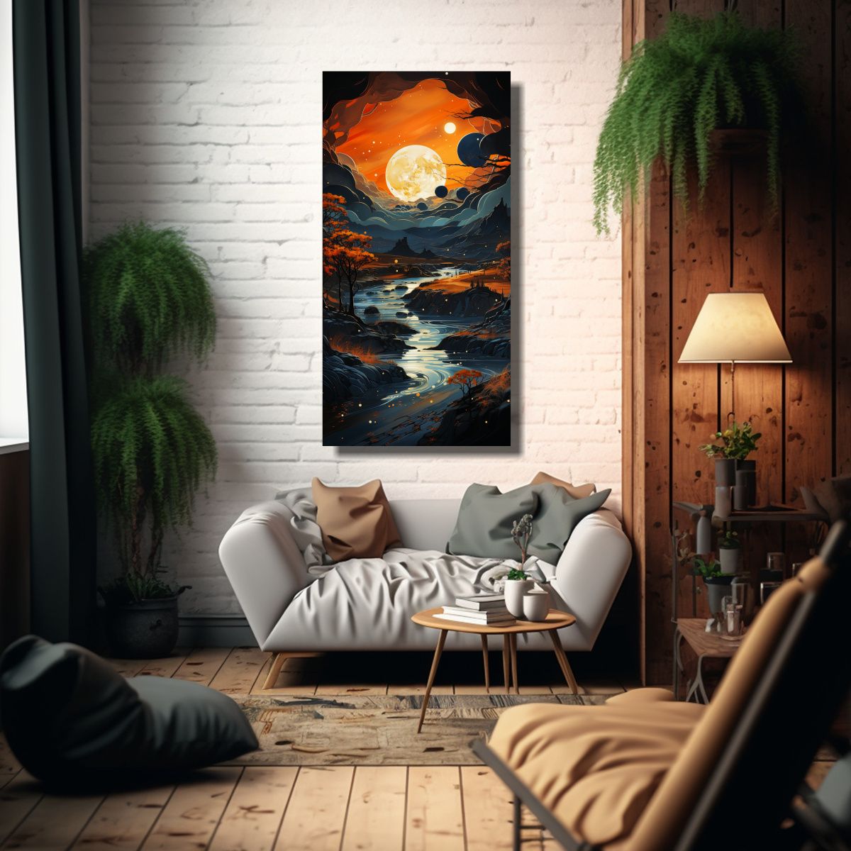 GENERICO - Lienzo Decoración Pintura De Paisaje Con Luna Y 70x140 Cm