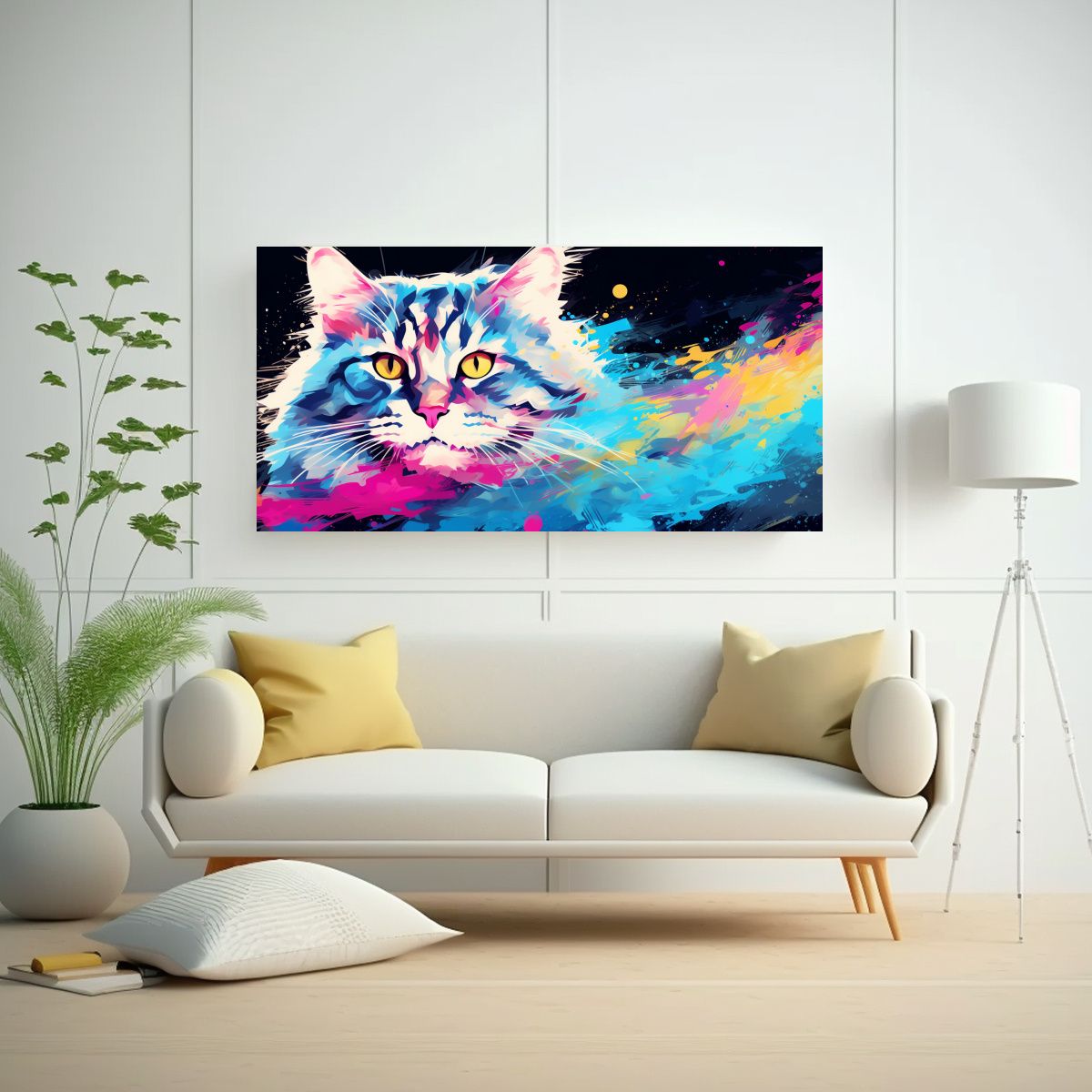 GENERICO - Pintura Abstracta De Gato En Tonos Pastel Y 140x70 Cm