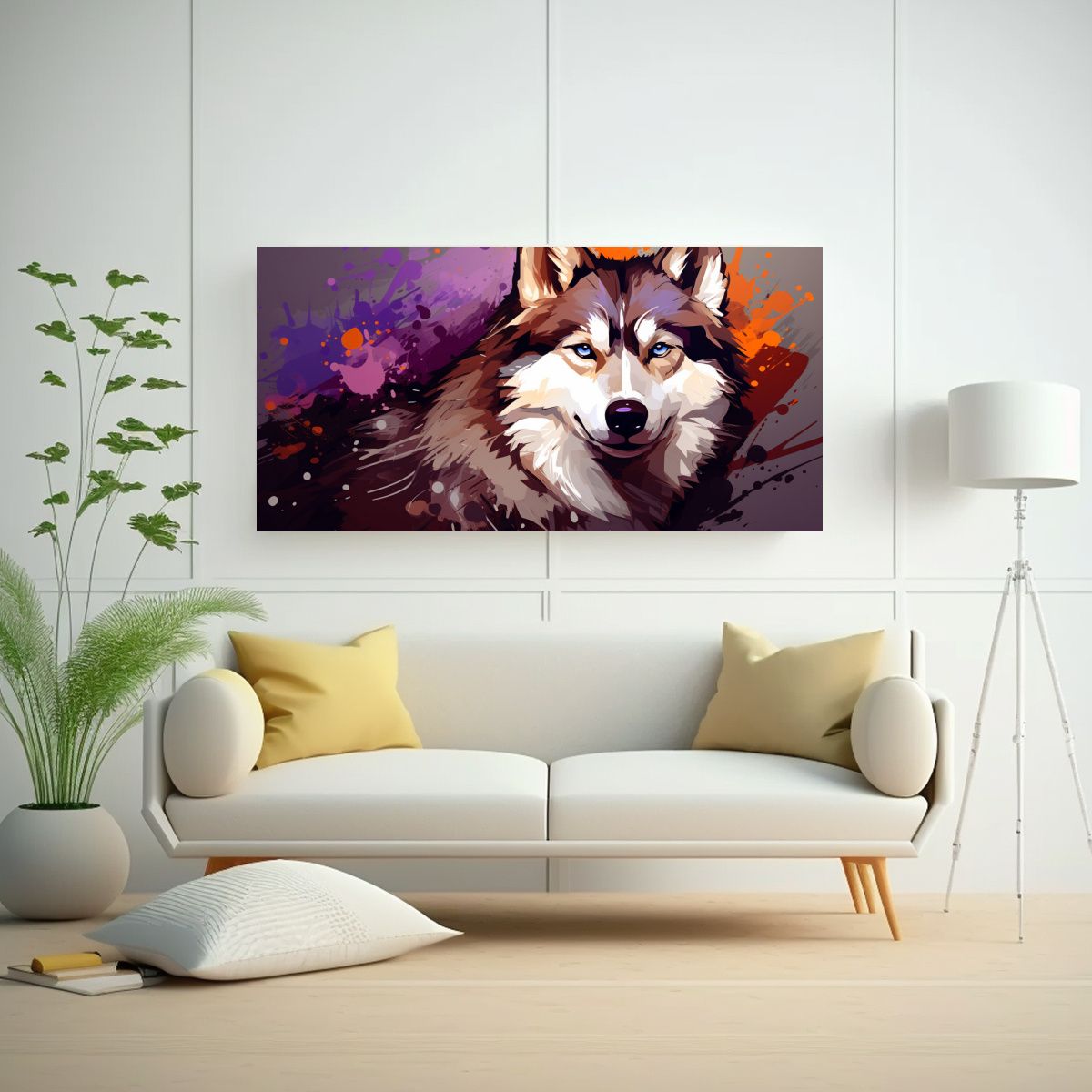 GENERICO - Cuadro Husky Marrón Y Morado Estilo Neo Pop Art 120x60 Cm