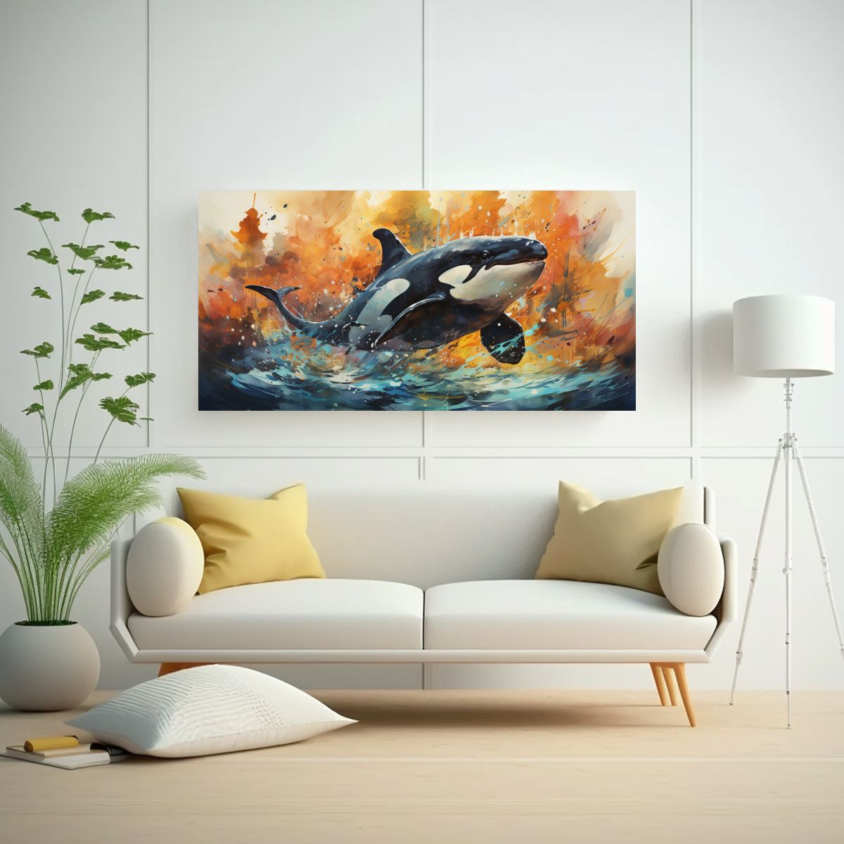 GENERICO - Cuadro Forma Aleta Orca Acuarelas Coloridas 140x70 Cm