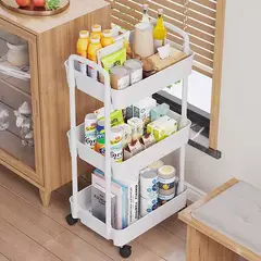 OASIS - Carrito organizador beige de 3 niveles con ruedas para cocina