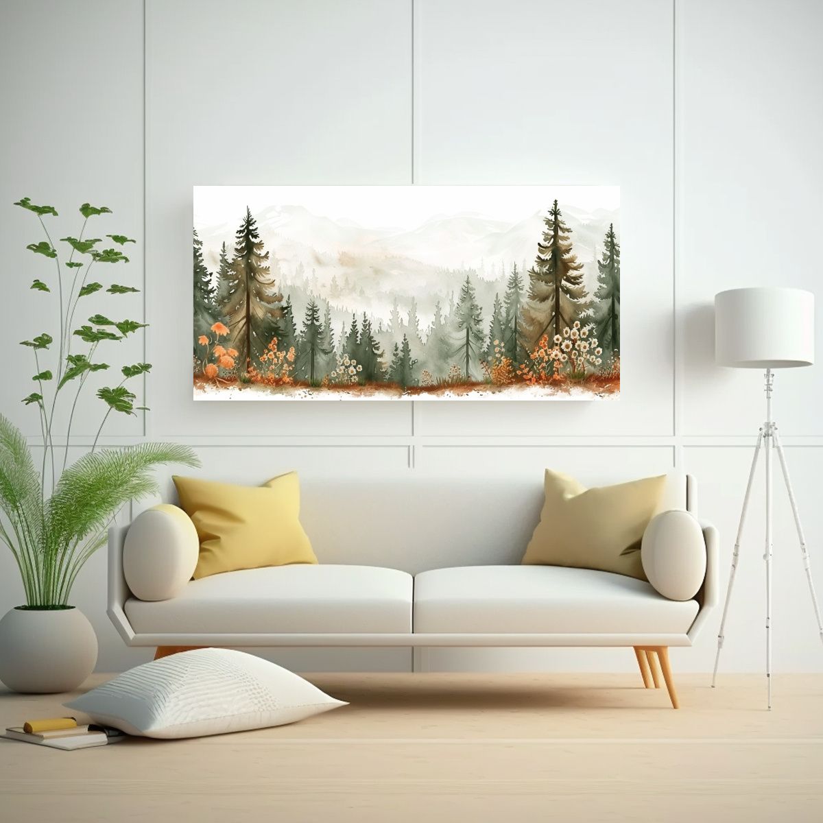 GENERICO - Paisaje Otoñal De Bosque Con Pinos En Acuarela 140x70 Cm