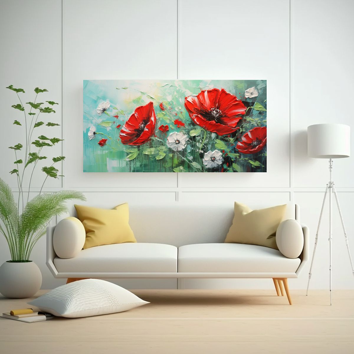 GENERICO - Pintura En Lienzo Flores En Verde Y Rojo De Finas 140x70 Cm