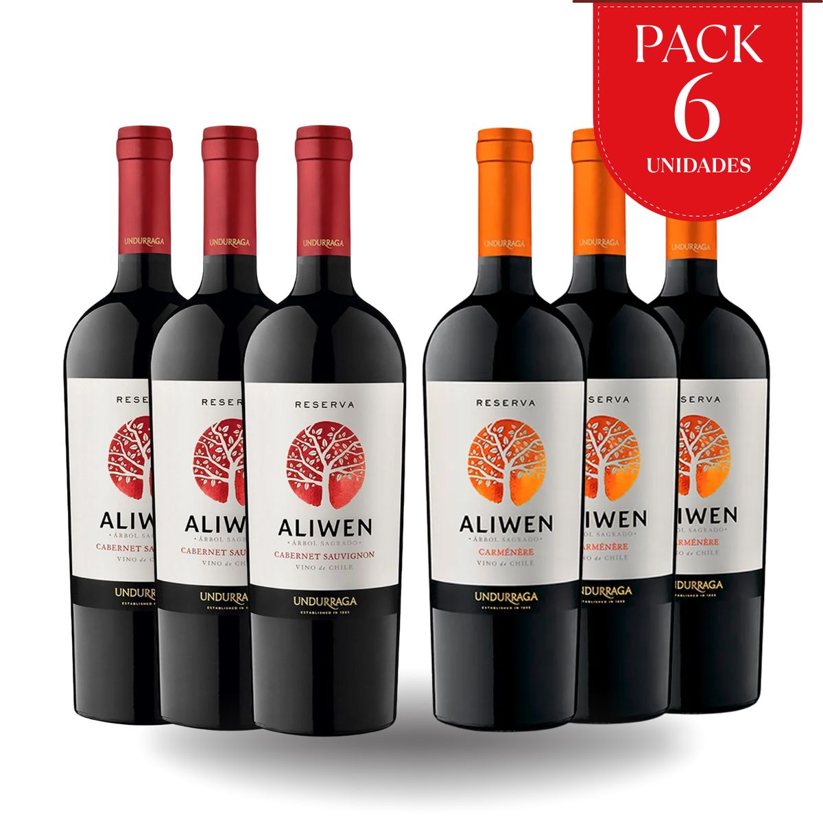 UNDURRAGA - Pack x6 Vinos Aliwen Reserva Carmenere y Cabernet