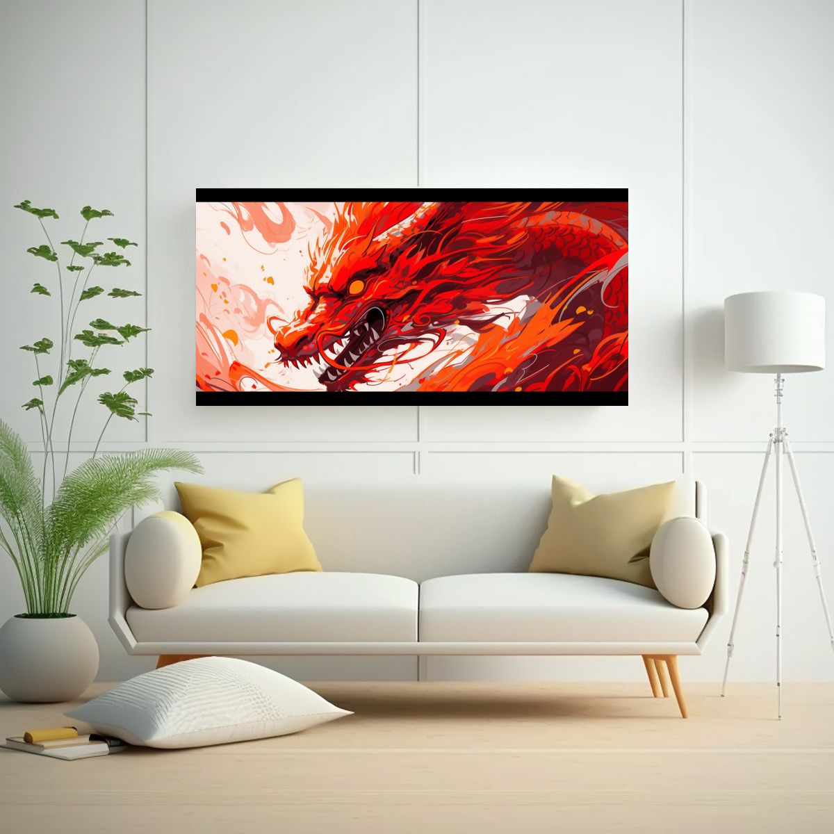 GENERICO - Cuadro Dragón En Rojo Y Naranja Líneas Finas 140x70 Cm