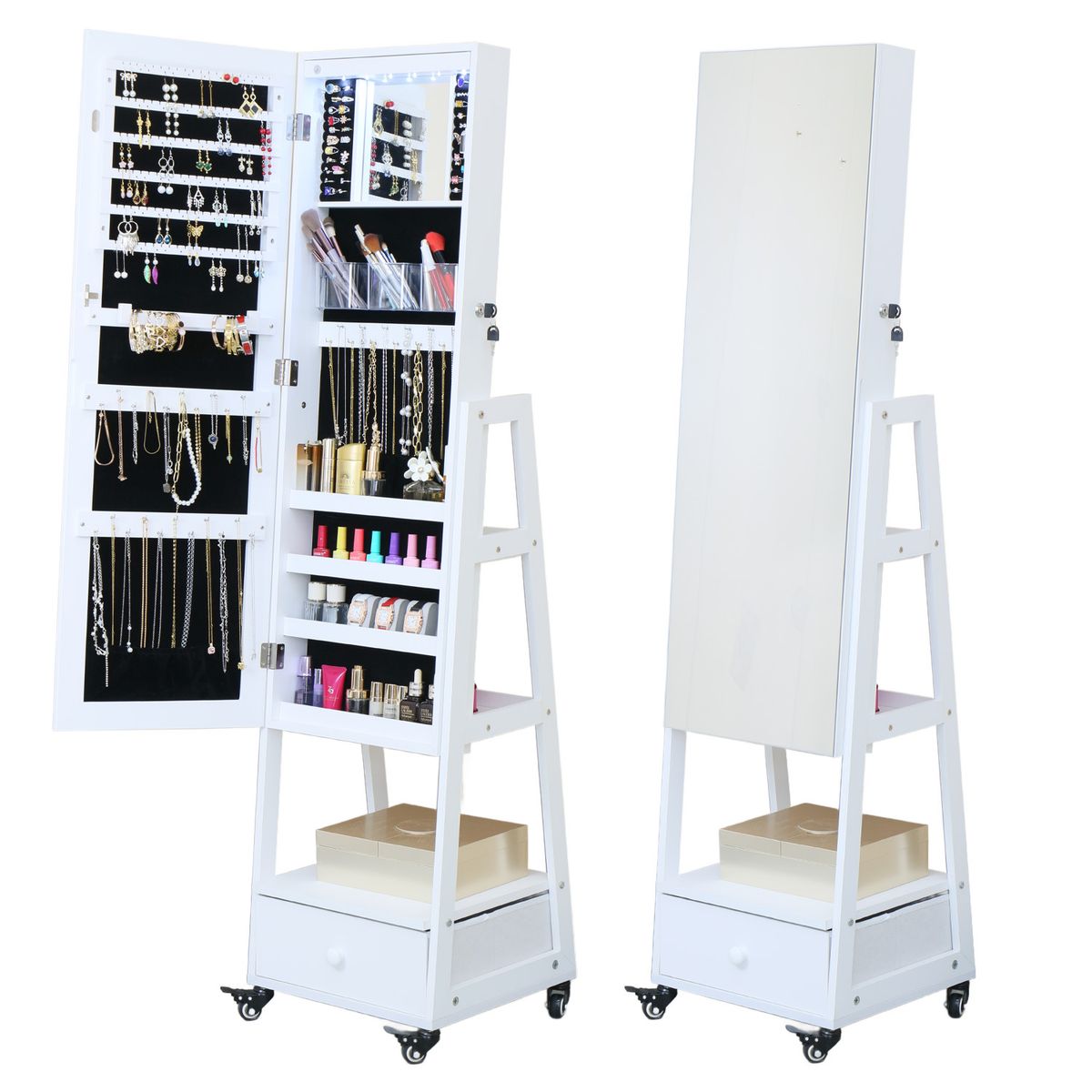 ELEMENT DESIGN - Espejo joyero organizaor con led cajon y ruedas 158m blanco