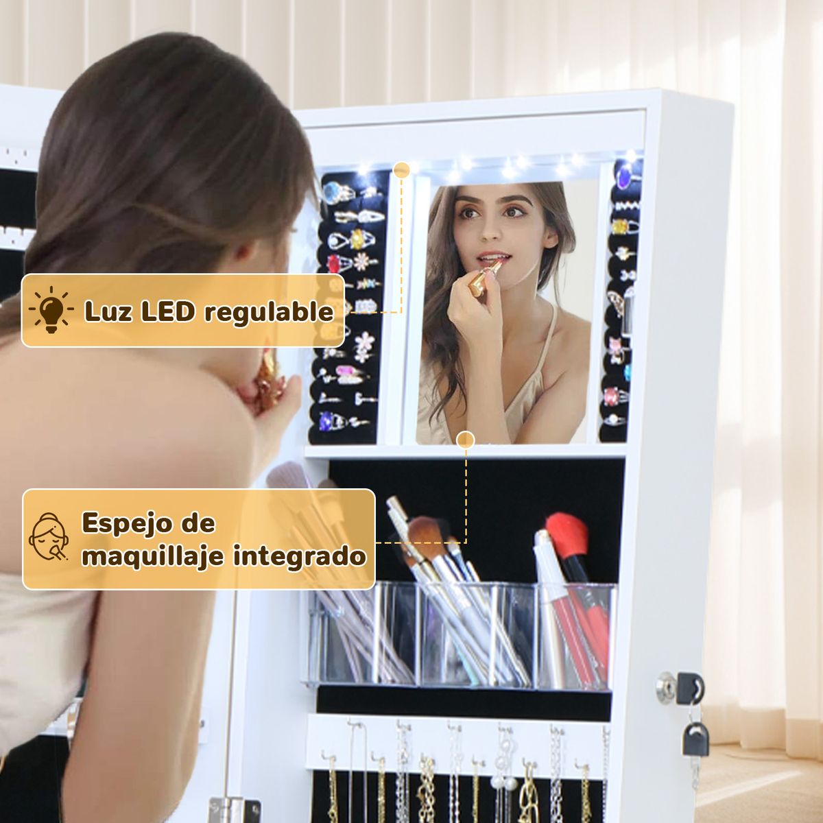 ELEMENT DESIGN - Espejo joyero organizaor con led cajon y ruedas 158m blanco