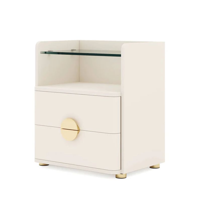 DELUXE - Velador Blanco Con Vidrio 2 Cajones Elegante Premium