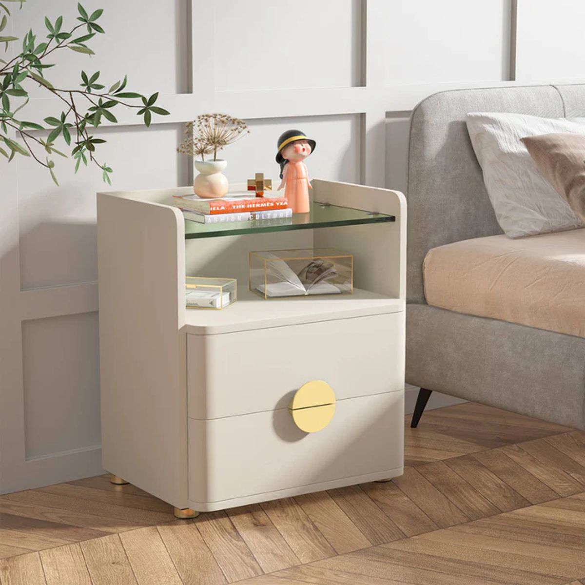 DELUXE - Velador Blanco Con Vidrio 2 Cajones Elegante Premium