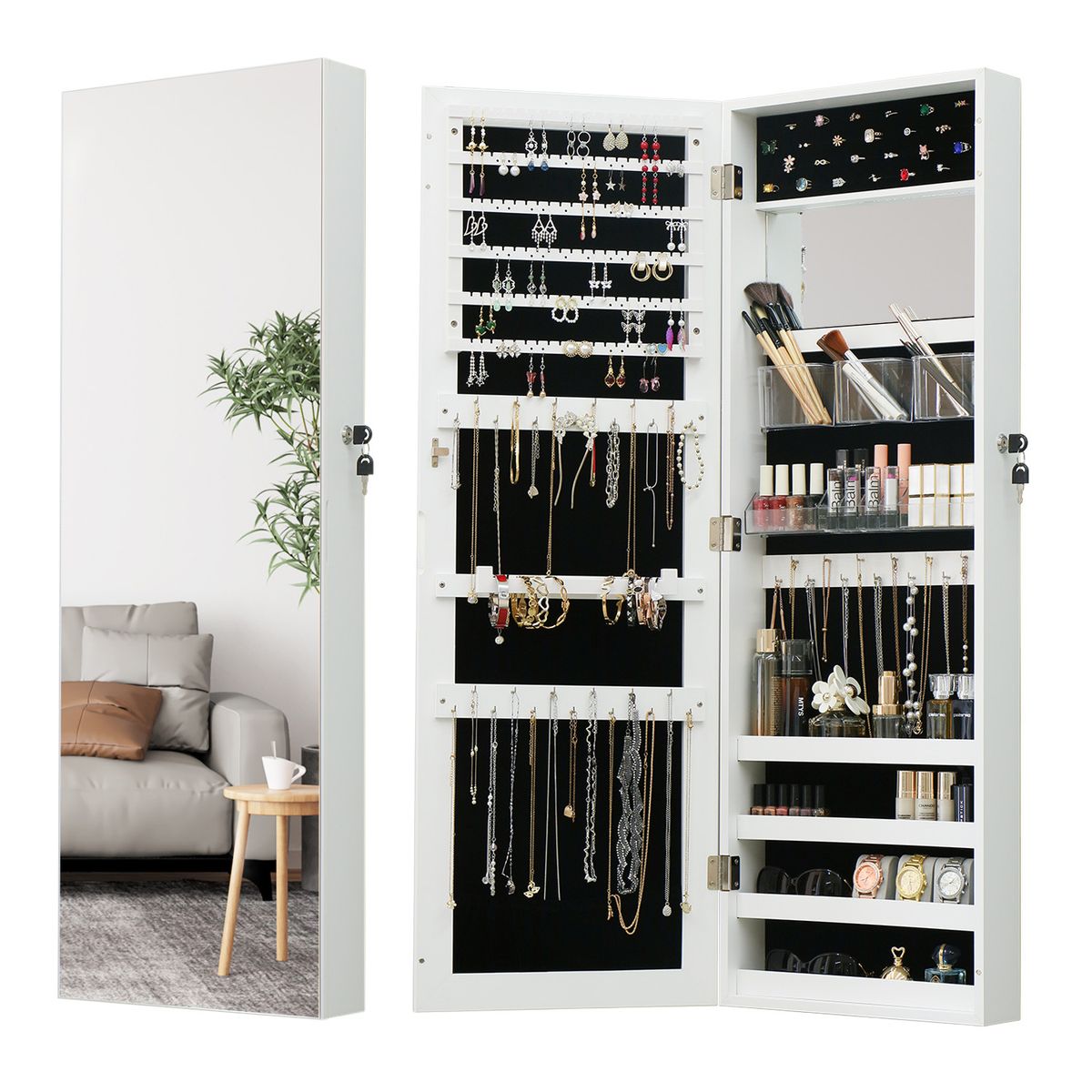 ELEMENT DESIGN - Espejo joyero de pared blanco 110cm con espejo de maquillaje