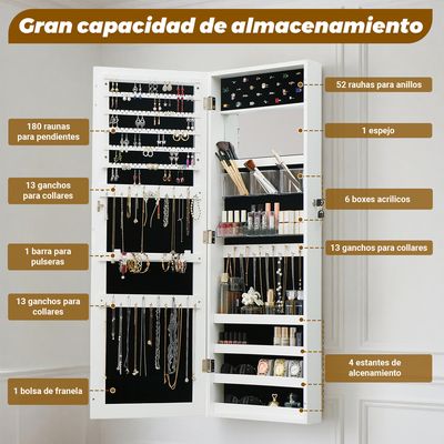 Imagen 2 del producto Espejo joyero de pared blanco 110cm con espejo de maquillaje