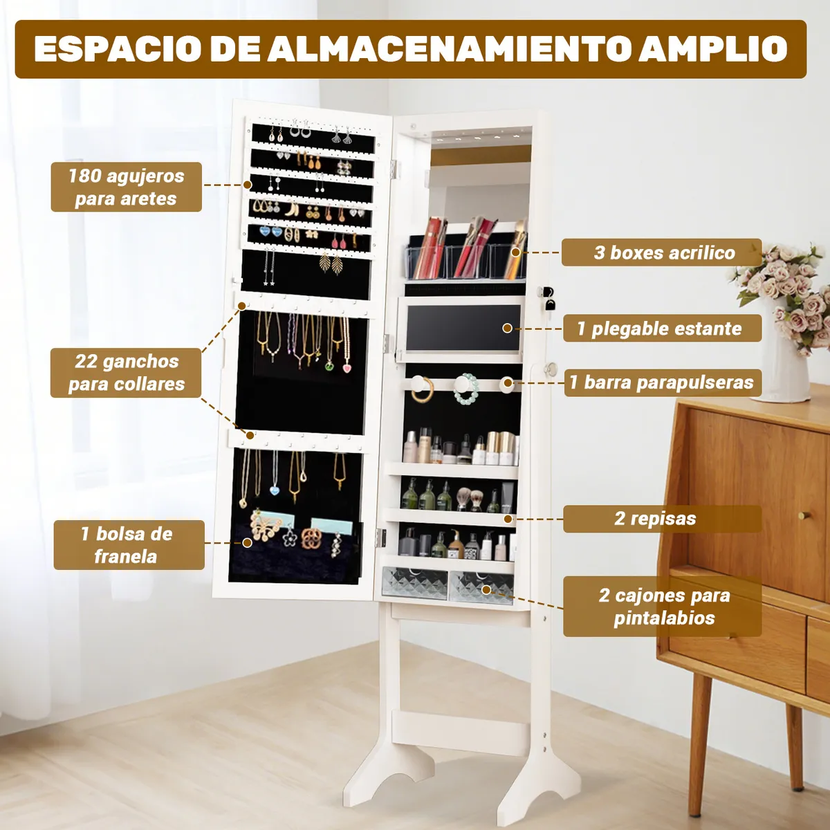 ELEMENT DESIGN - Espejo joyero organizador 155m con patas blanco