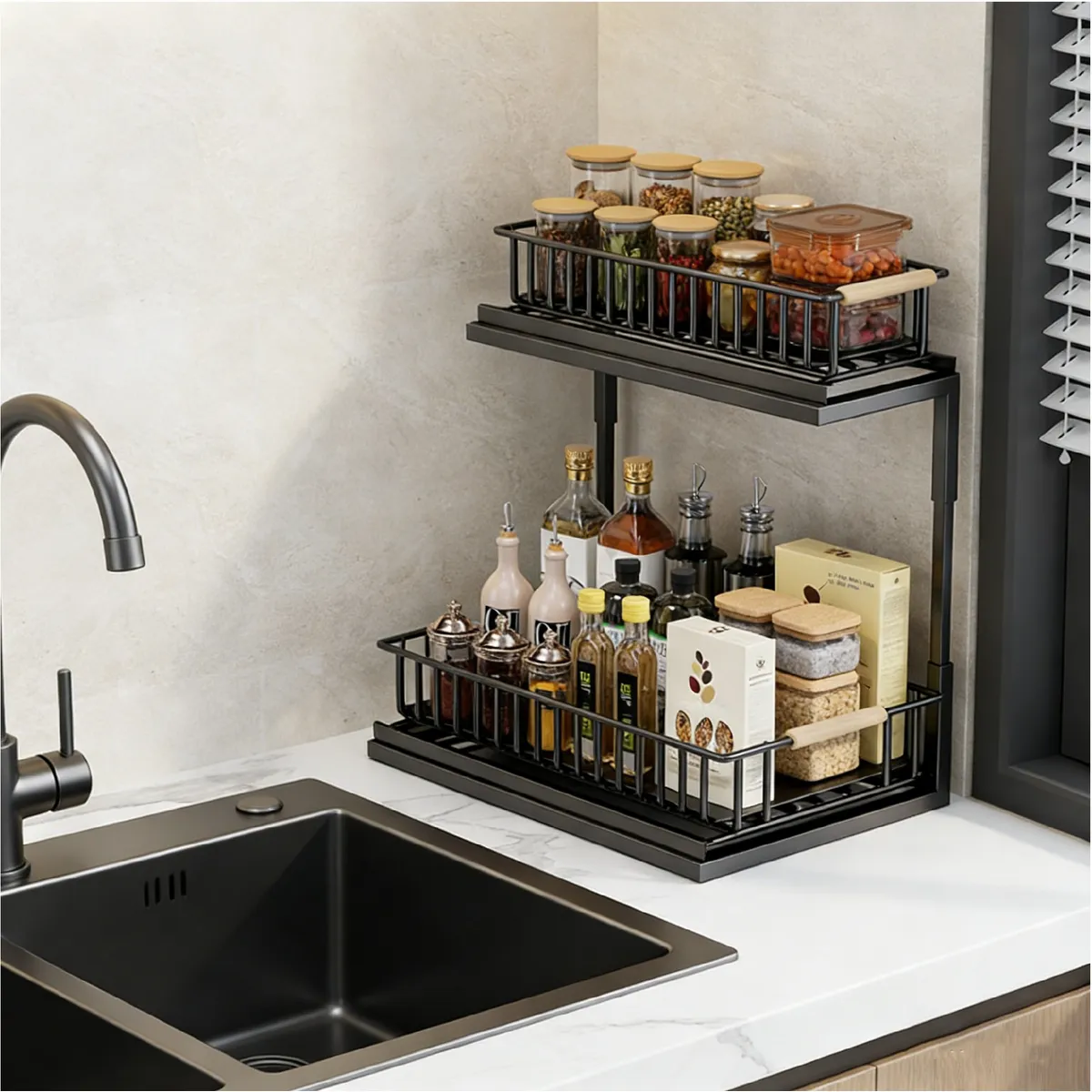 YOMYM - Estante Para Gabinete De Fregadero De Cocina Doble Capa Negro 36×28×38cm