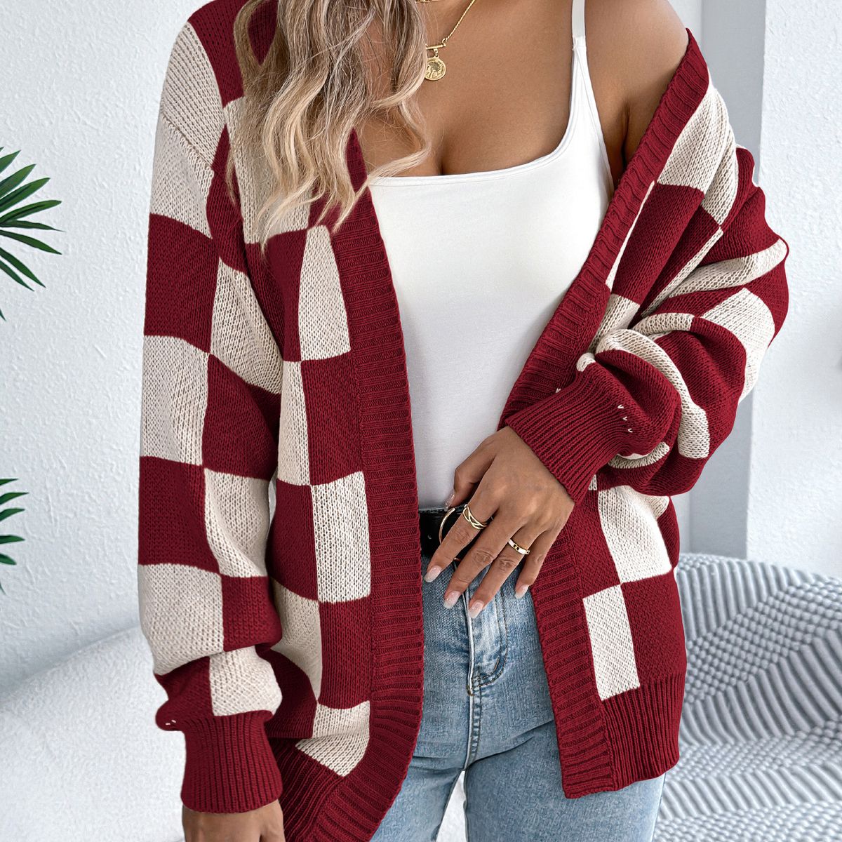 TIOZONEY - Cardigan a cuadros con bloques de color