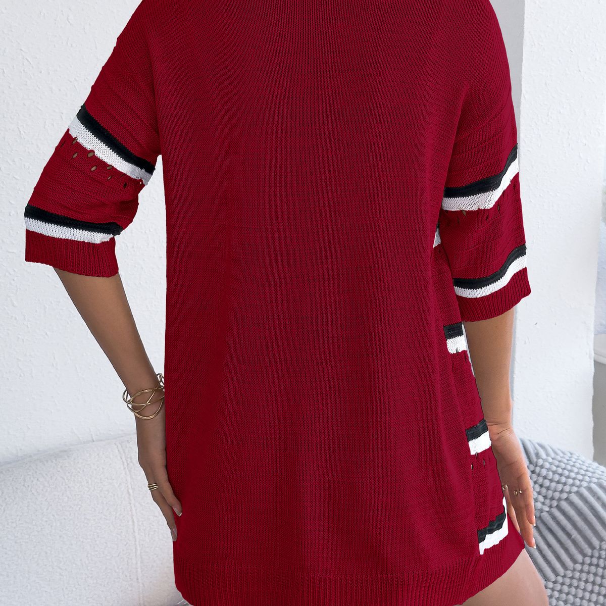 TIOZONEY - Cárdigan de punto calado a rayas