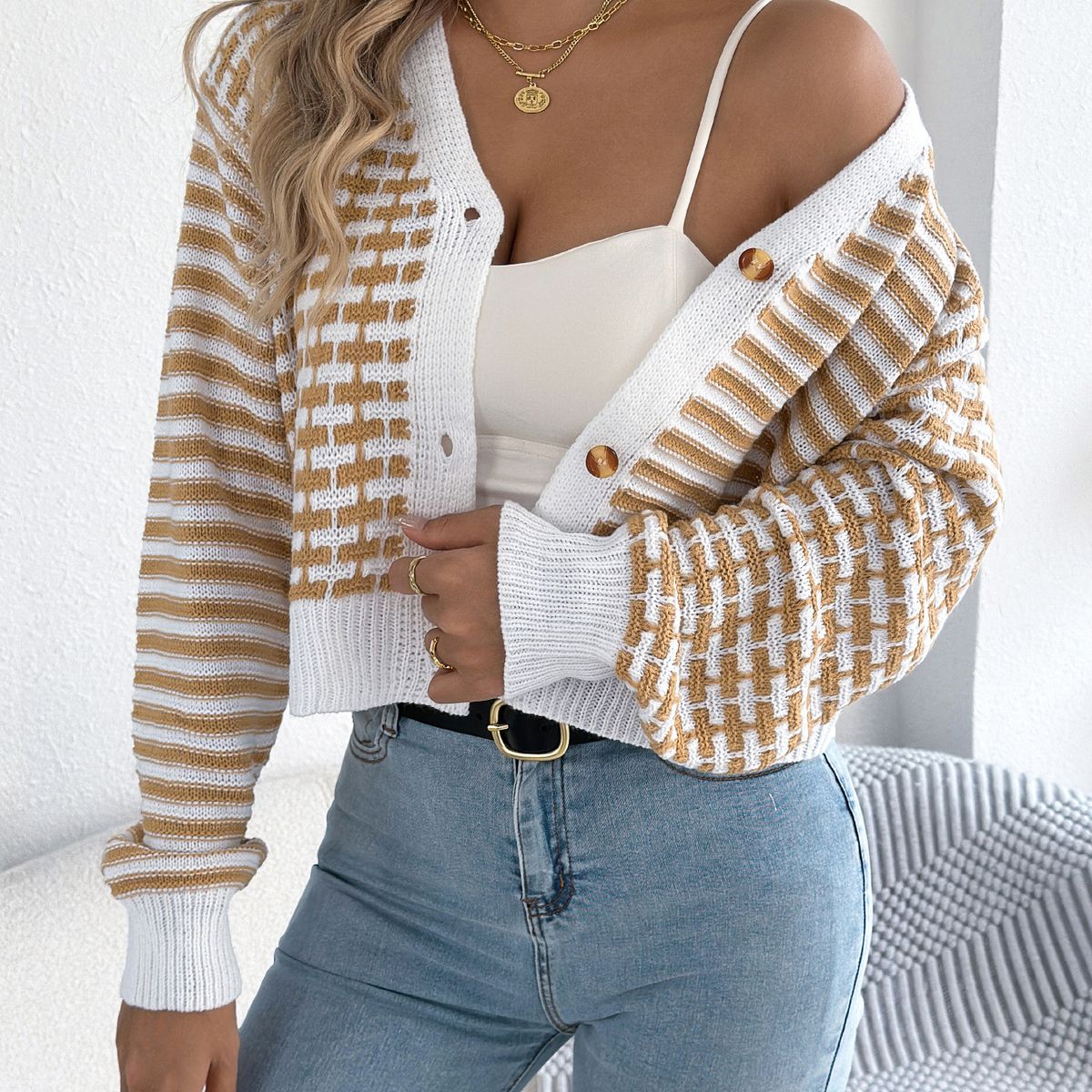 TIOZONEY - Cárdigan con mangas acampanadas a rayas