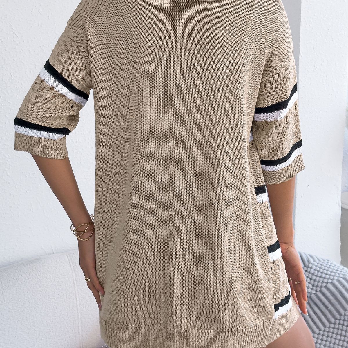 TIOZONEY - Cárdigan de punto calado a rayas