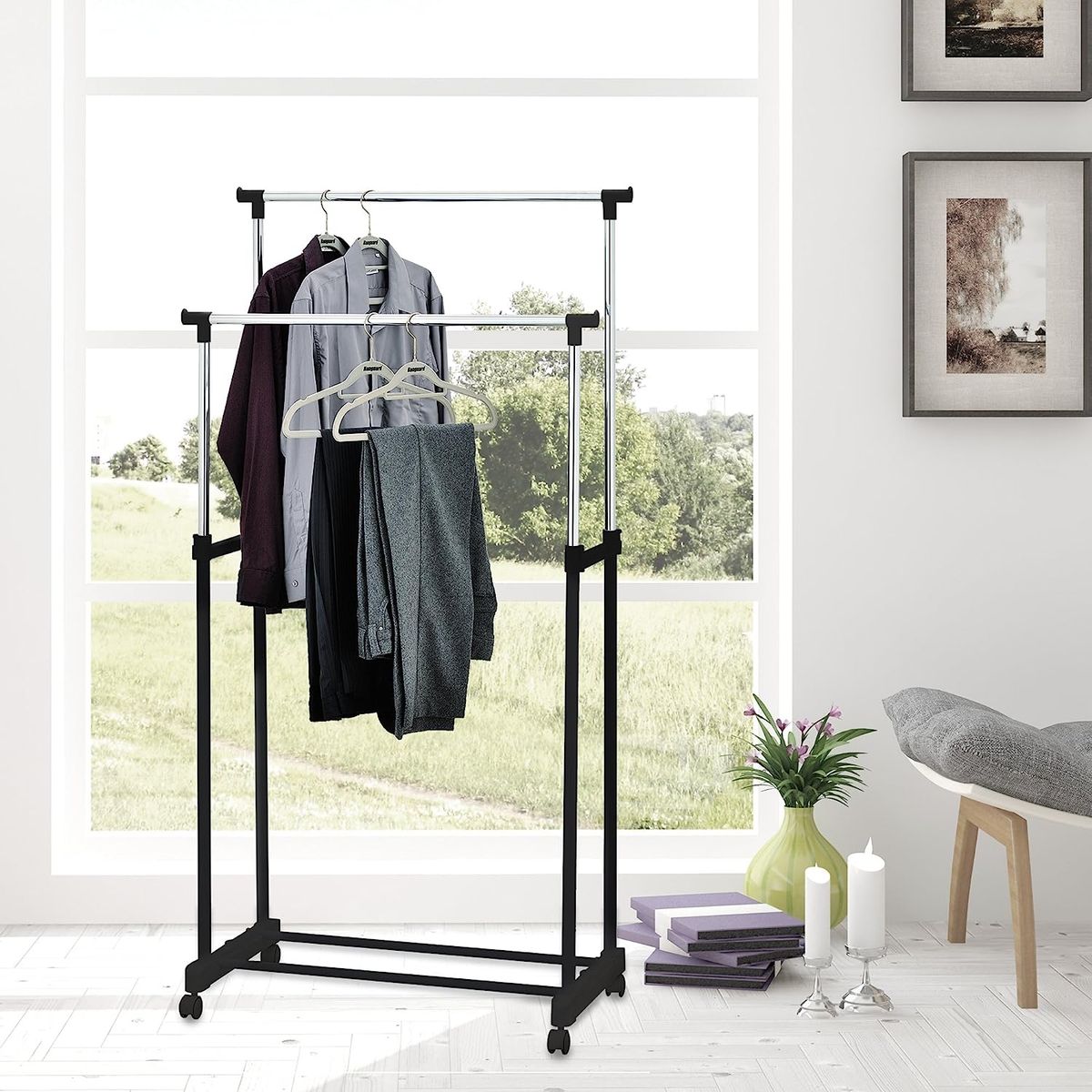 SUPERCENTER - Perchero Ganchos Para Colgador Ropa De Doble Capa Con Ruedas