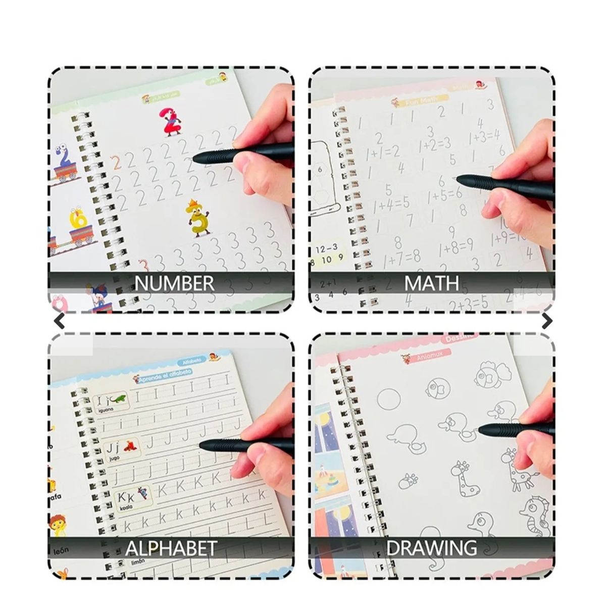 GENERICO - Set 4 cuadernos magicos reutilizable caligrafia para niños