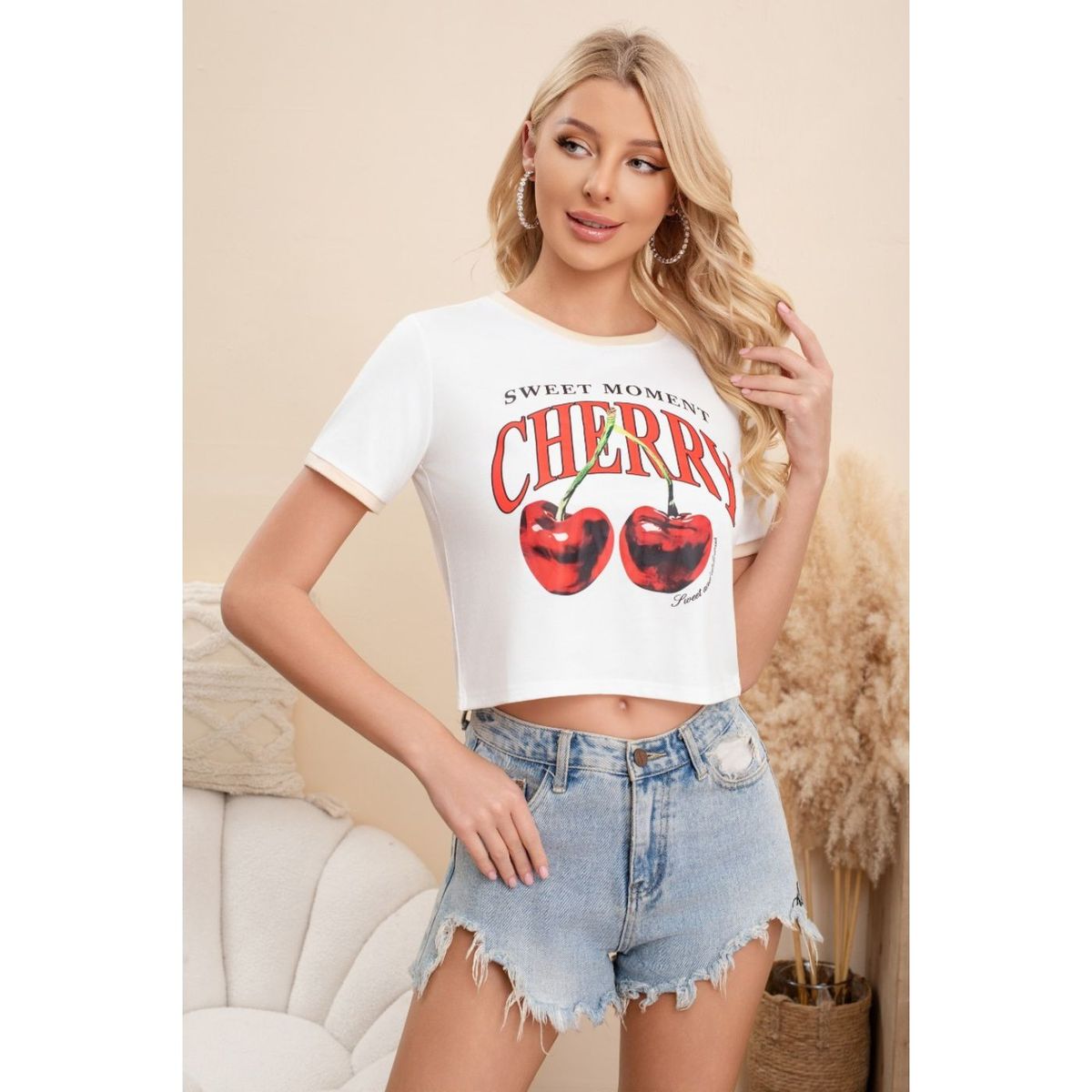 LIKE SHOP - Polera Mujer Algodon Corta Tendencia Urbana Cherry 0068