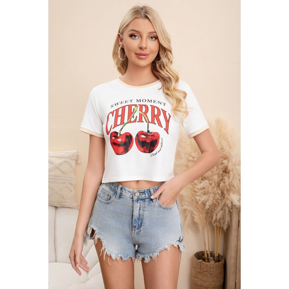 LIKE SHOP - Polera Mujer Algodon Corta Tendencia Urbana Cherry 0068