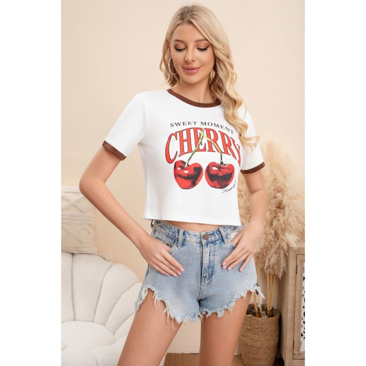 LIKE SHOP - Polera Mujer Algodon Corta Tendencia Urbana Cherry 0068