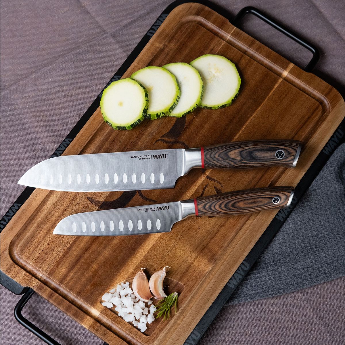 WAYU - Set 2 Cuchillos Santoku Ring Red Wayu - Gris