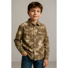 KIBOU - Camisa Tie-dye Infantil Café Jaspeada Manga Larga