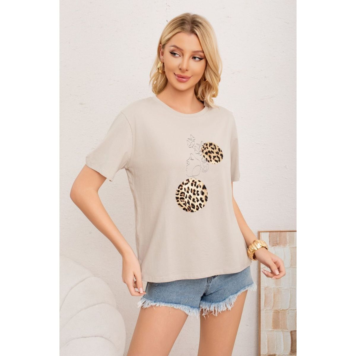 LIKE SHOP - Polera Mujer Algodon Manga Corta Oversize Aplicacion 2012