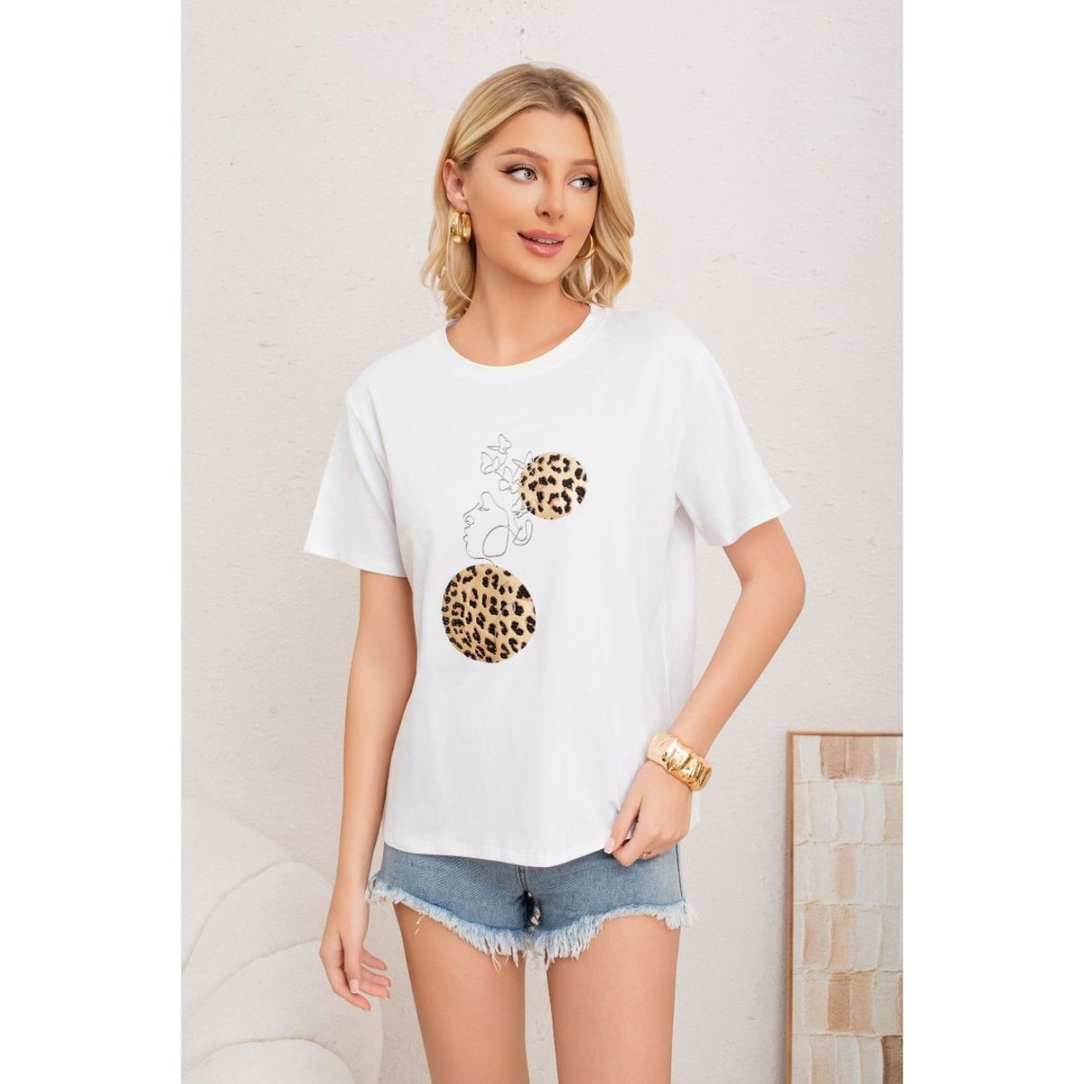 LIKE SHOP - Polera Mujer Algodon Manga Corta Oversize Aplicacion 2012