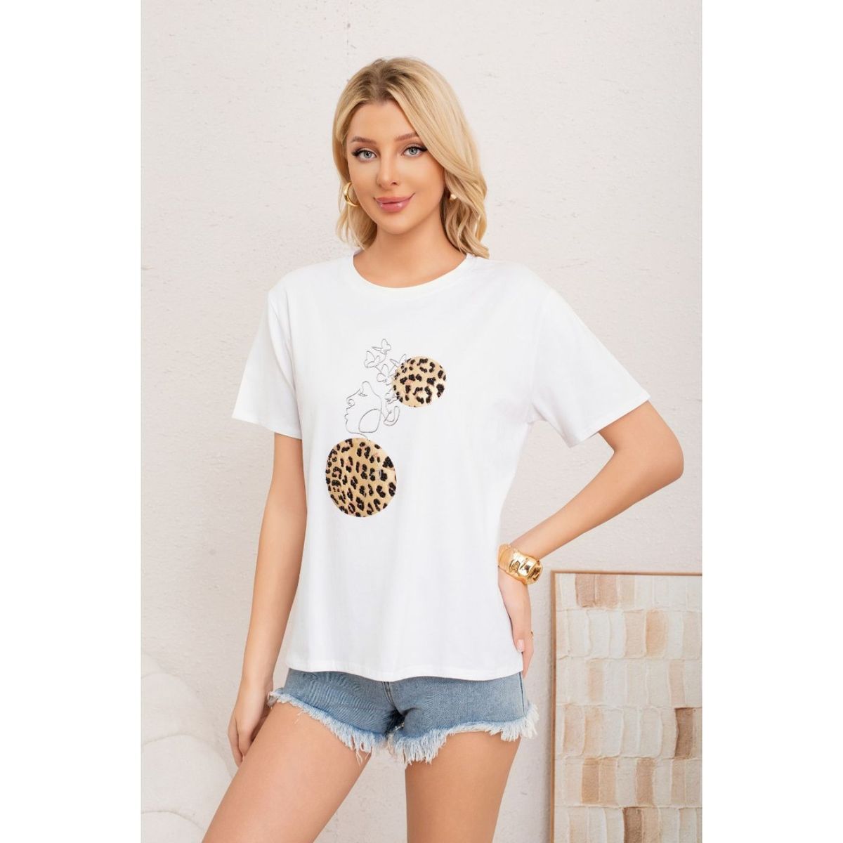 LIKE SHOP - Polera Mujer Algodon Manga Corta Oversize Aplicacion 2012