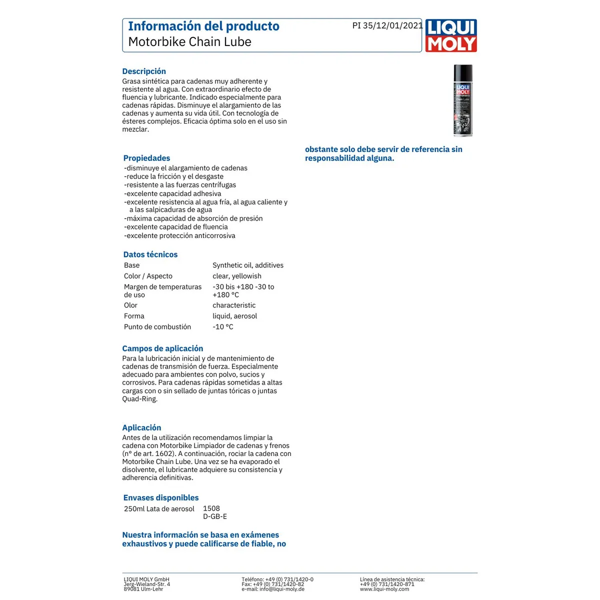 LIQUI MOLY - Lubricante para Cadena de Moto Liqui Moly en Spray 400 Ml.