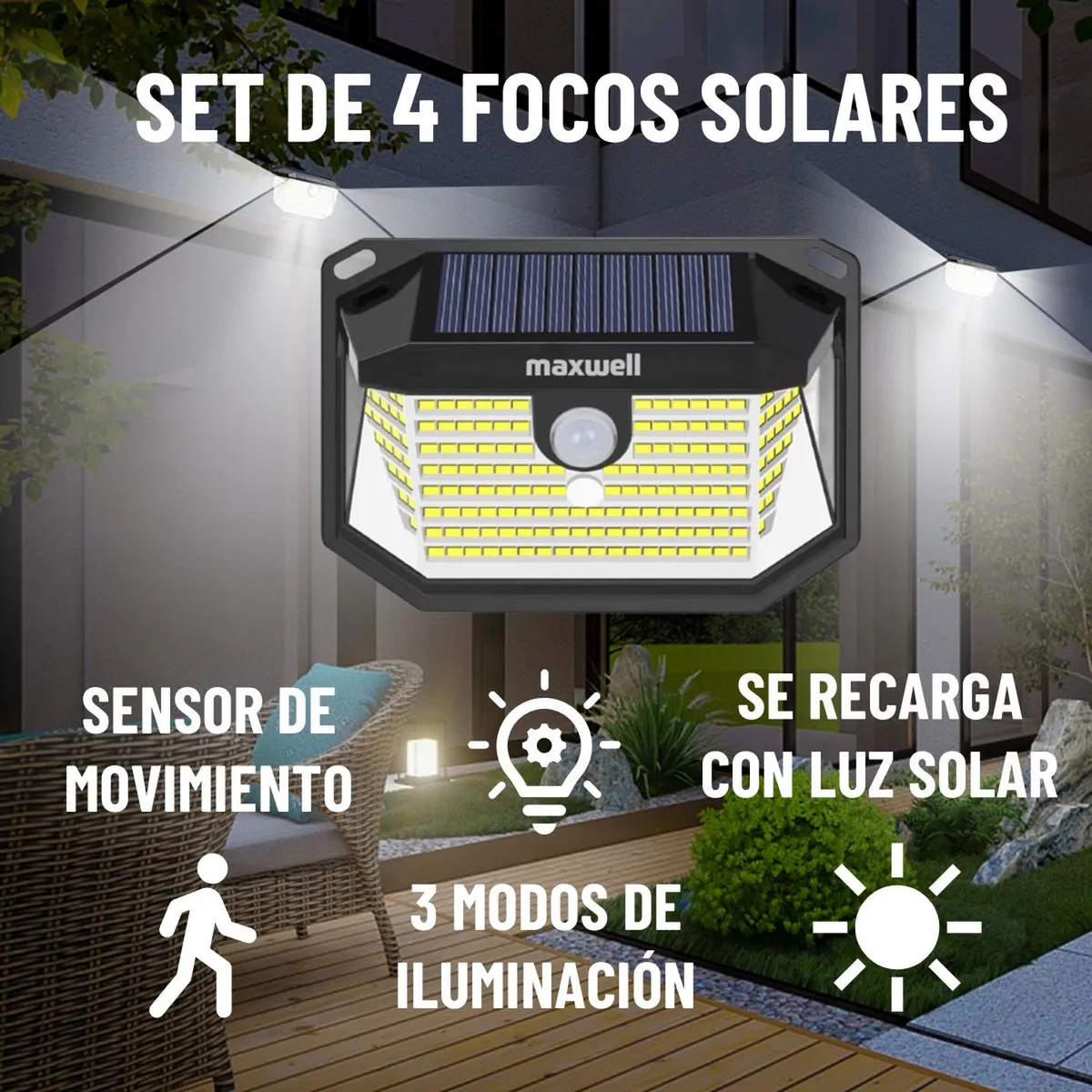 MAXWELL - Foco Solar Maxwell 178 Led Exterior Pared X4 + Sensor