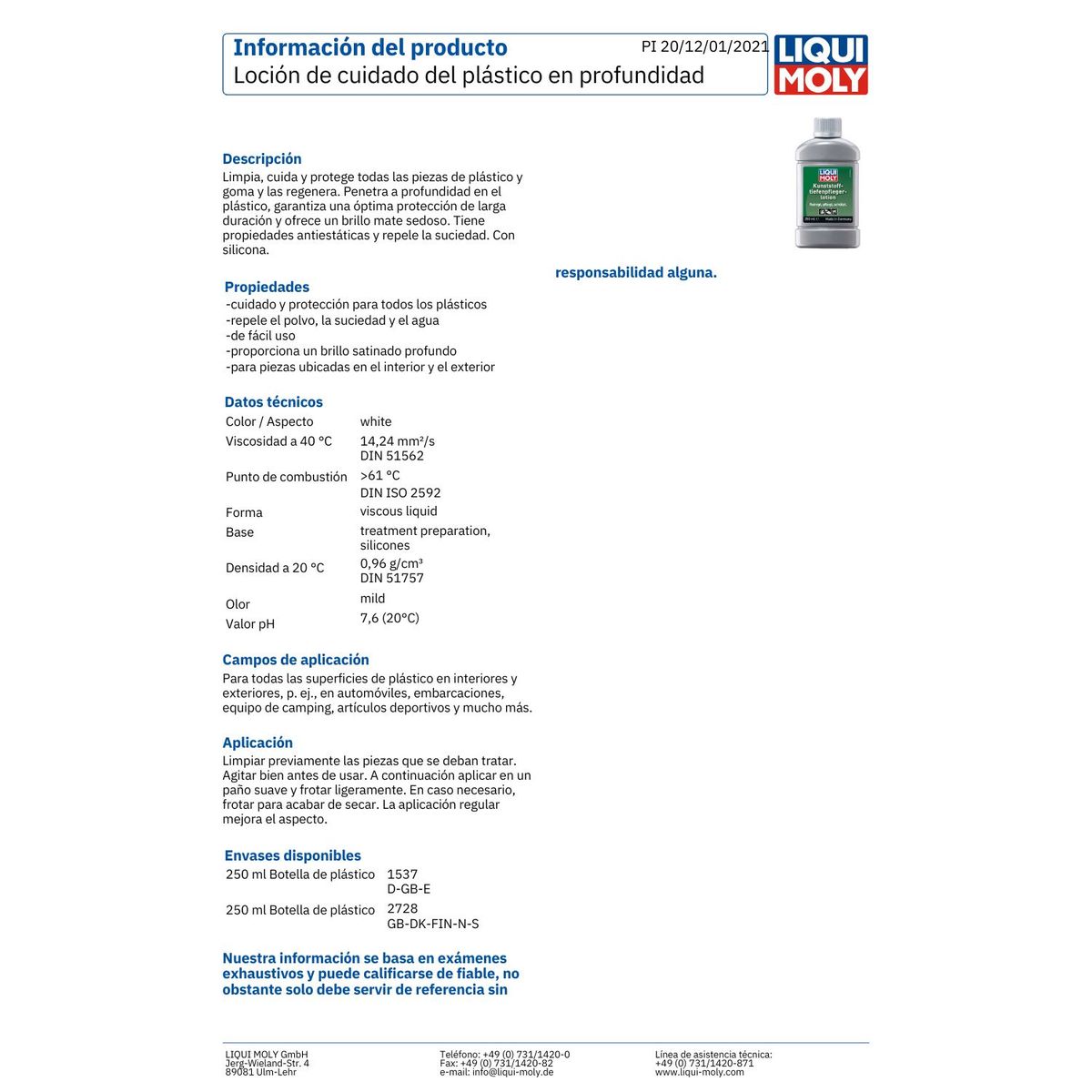 LIQUI MOLY - Loción para Plástico Liqui Moly 250 Ml.