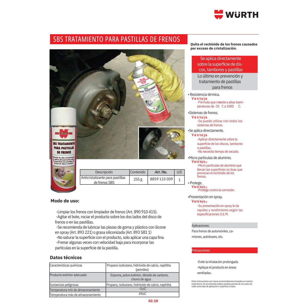 WURTH - Anticristalizante para Pastillas de Frenos SBS Wurth 255g
