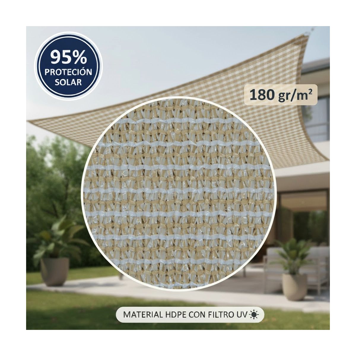 GENERICO - Toldo Vela sombra cuadrada 3x3 beige 180grs kit anclaje s6