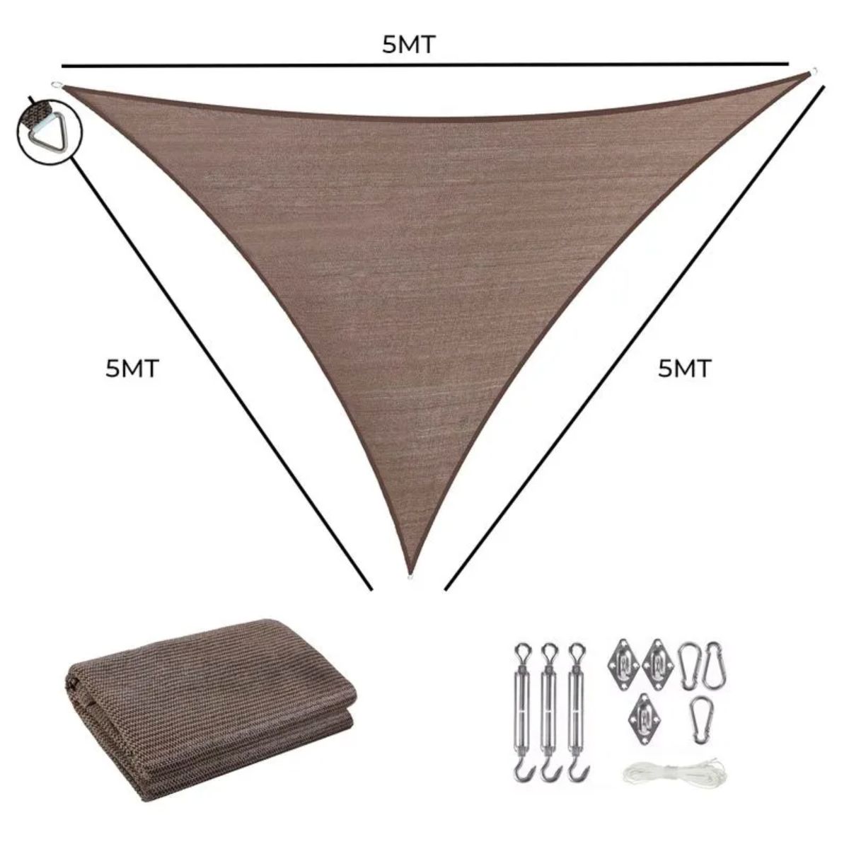 GENERICO - Toldo vela triangular 5x5x5 mocha 180gr kit anclaje