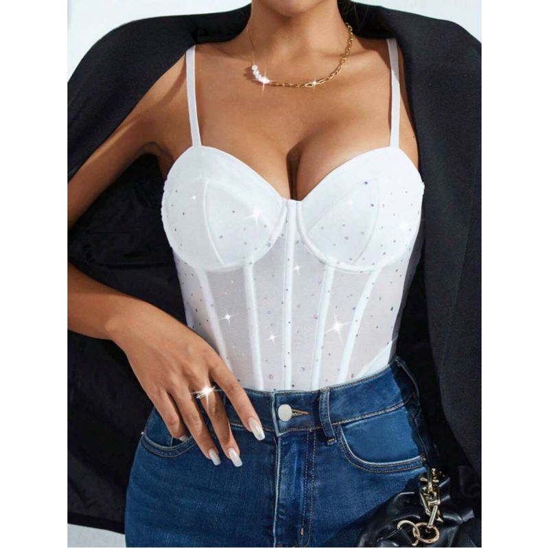 MPROPIA - Body Mujer Tirantes Tipo Corsét Sujetador Sexy Brillos Moda 9008