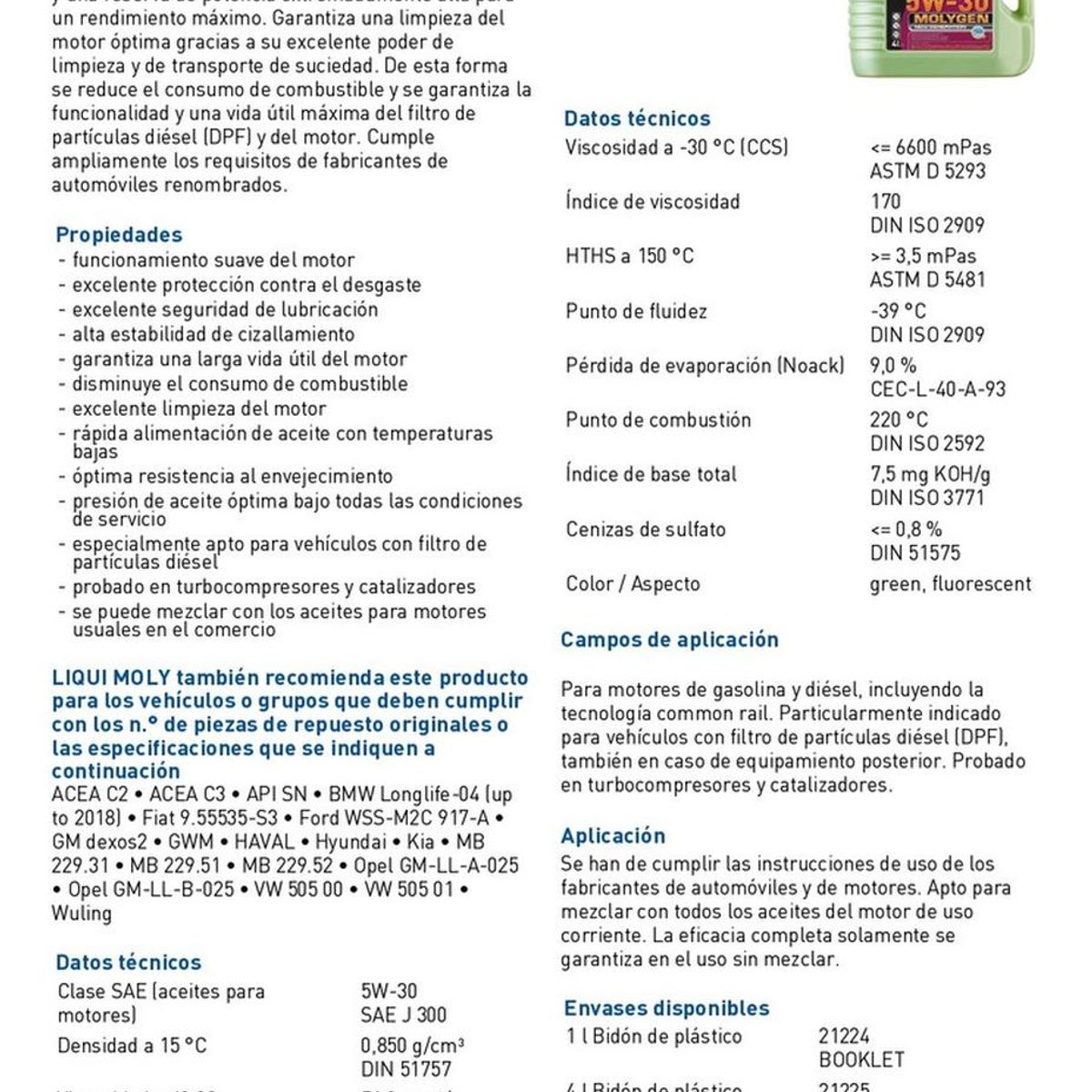 LIQUI MOLY - Aceite Motor 5w 30 Liqui Moly Sintetico Molygen Dpf 5l