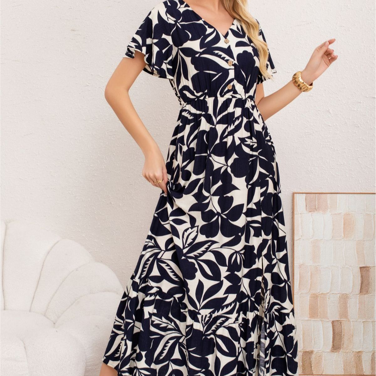 LOOK SHOP - Vestido Largo Primavera Mujer. Algodón Lino Flores Grandes. 3368