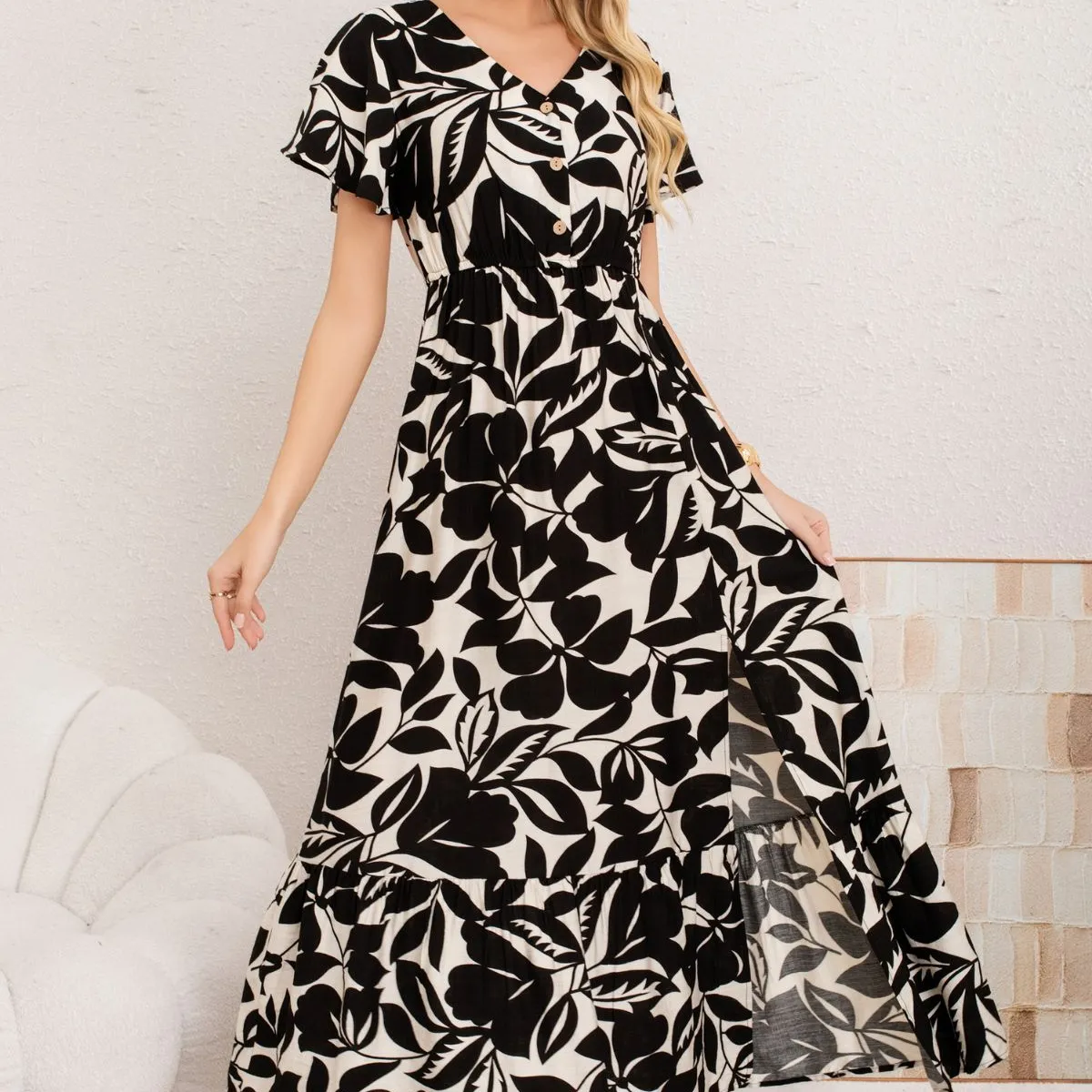 LOOK SHOP - Vestido Largo Primavera Mujer. Algodón Lino Flores Grandes. 3368