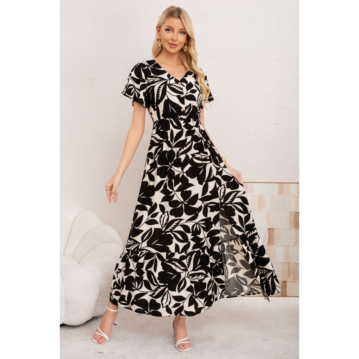 LOOK SHOP - Vestido Largo Primavera Mujer. Algodón Lino Flores Grandes. 3368