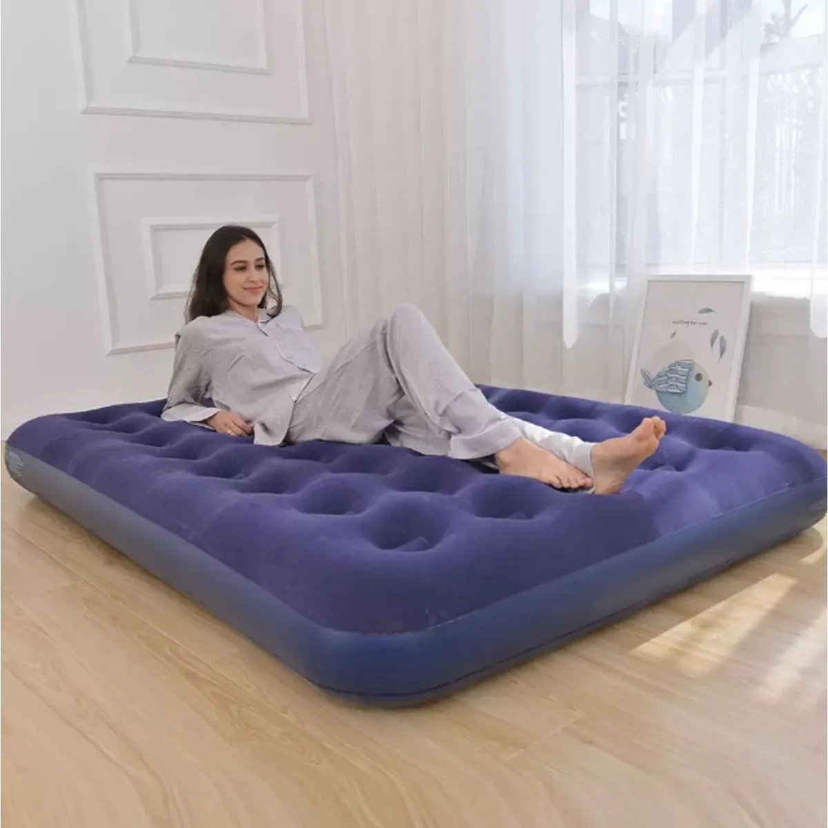 GENERICO - Colchón Inflable Doble Con Superficie Aterciopelada Azul Oscuro