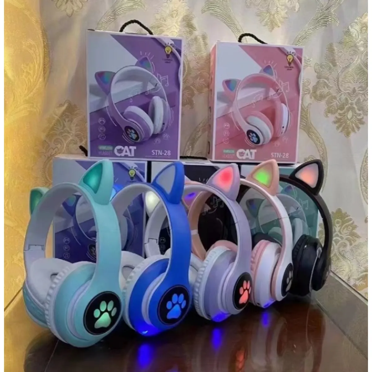 GENERICO - Audífonos Bluetooth Inalámbricos Con Orejas De Gato LED Rosado