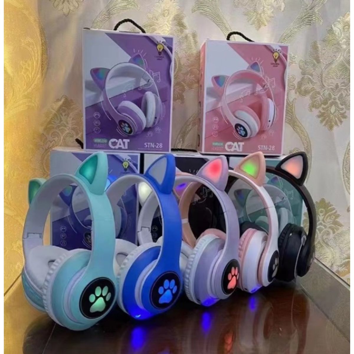 GENERICO - Audífonos Bluetooth Inalámbricos Con Orejas De Gato LED Gris