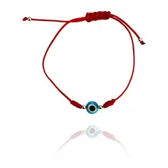 ANDREA COGGIOLA JOYAS - Pulsera Ojo Turco Cristal Celeste Bolas Plata Fina 925 Cordón Rojo