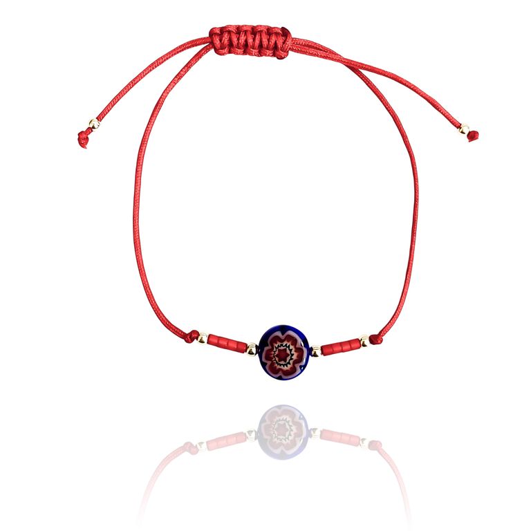 Pulsera Cristal Murano Flor Bolas Plata Fina 925 Cordon Rojo Rojo TALLA UNICA