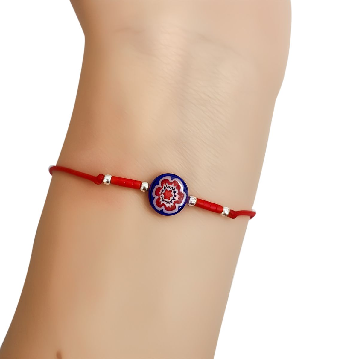 COGGIOLA - Pulsera Cristal Murano Flor Bolas Plata Fina 925 Cordón Rojo